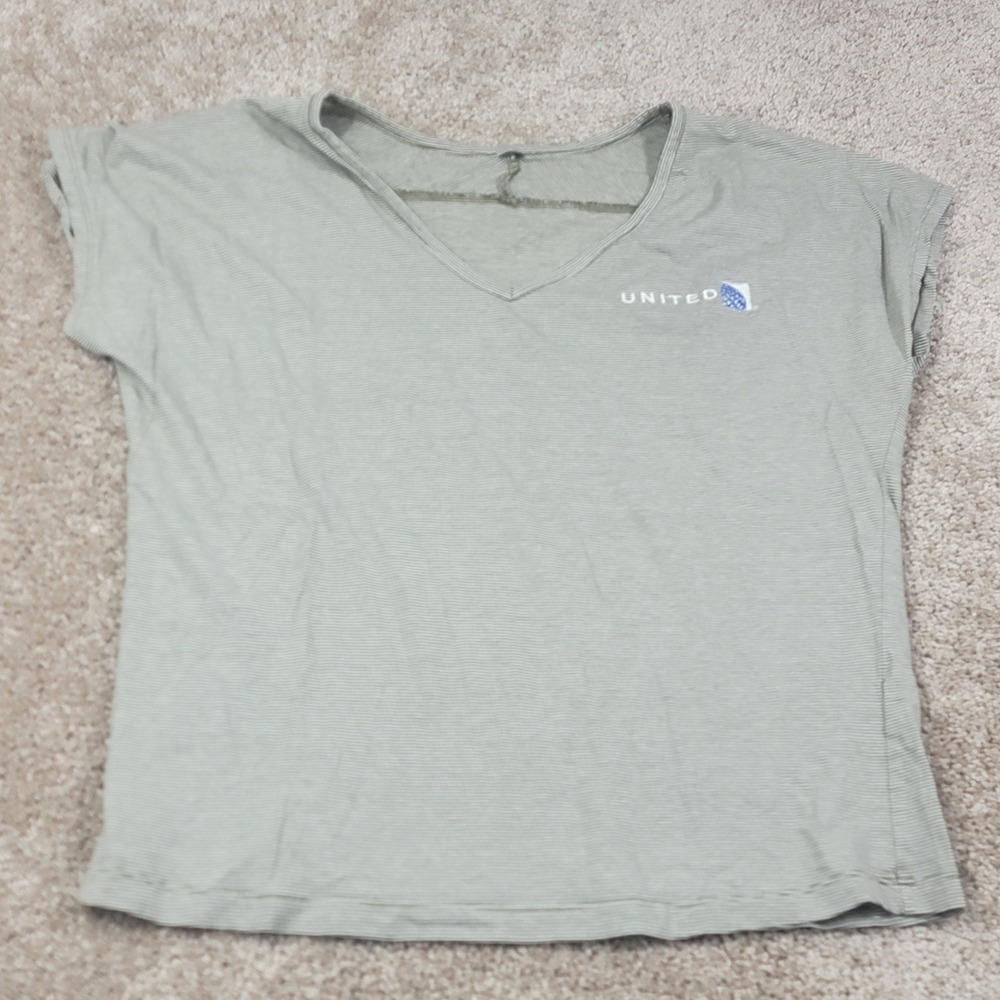 United Airlines Striped T Shirt V Neck Blue Globe Logo Olive Green Size Small
